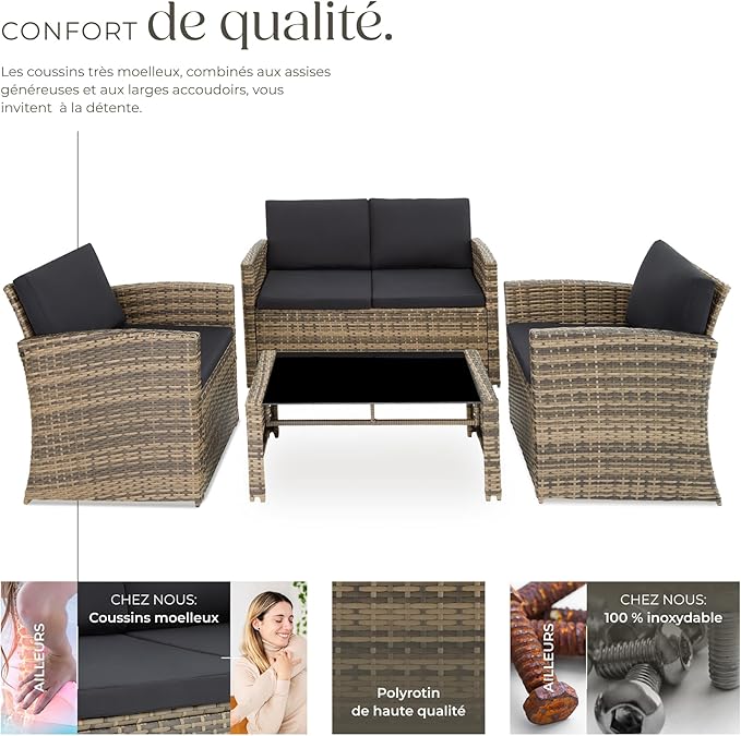 🪑 Salon de jardin 4 places | Marron Naturel &amp; Gris Foncé